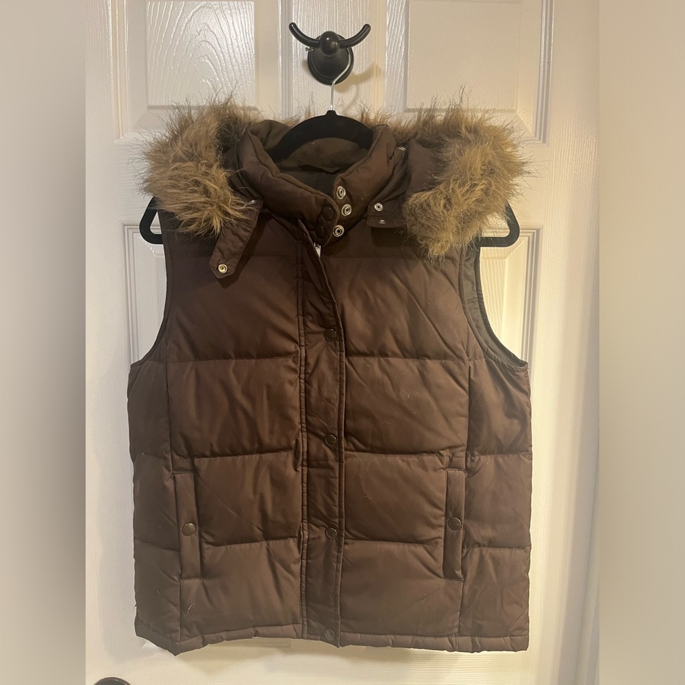 Gap Brown Puffer Vest with Faux Fur Trim Hood